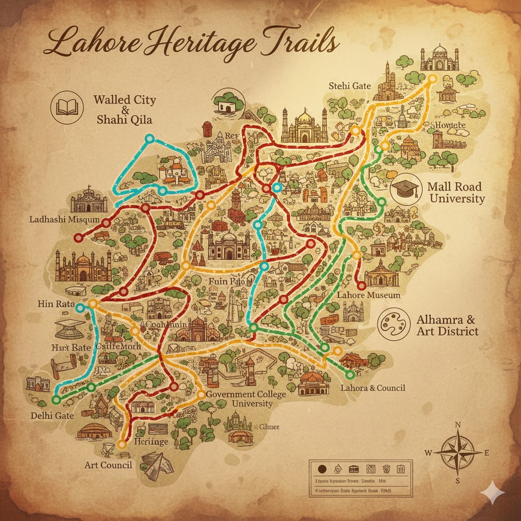 Tourist map showing connected trails across Lahore’s heritage zones