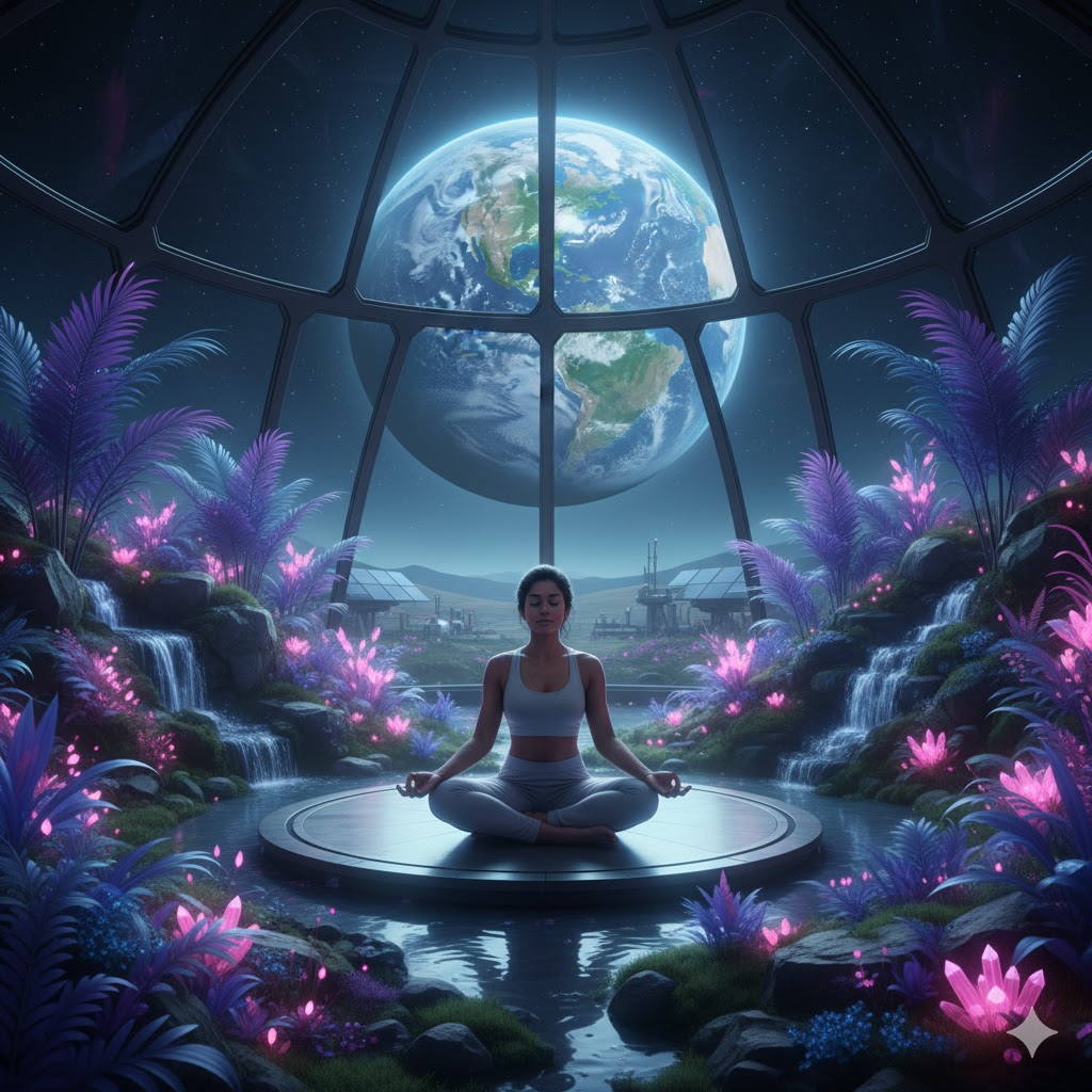 Tourist meditating in Moon garden dome surrounded by glowing plants under lunar light