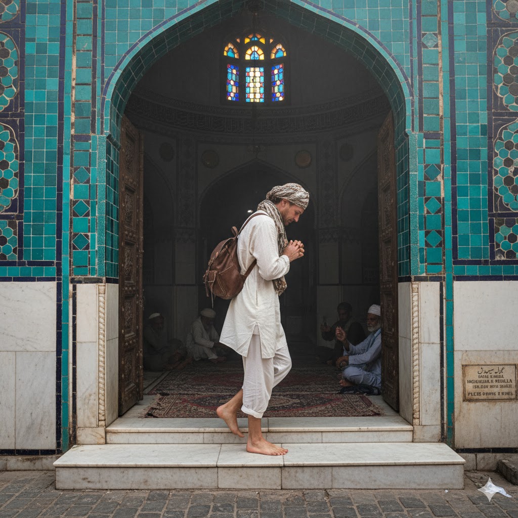 Tourist respectfully entering a Sufi shrine barefoot during Multan’s heritage walk Tourist respectfully entering a Sufi shrine barefoot during Multan’s heritage walk