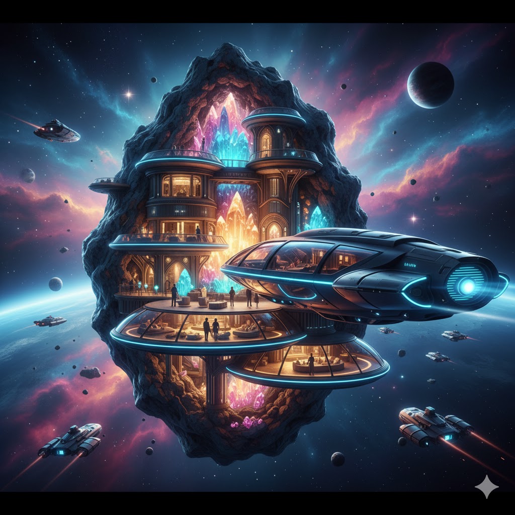 Tourist spacecraft approaching a glowing asteroid for luxury asteroid tourism experience