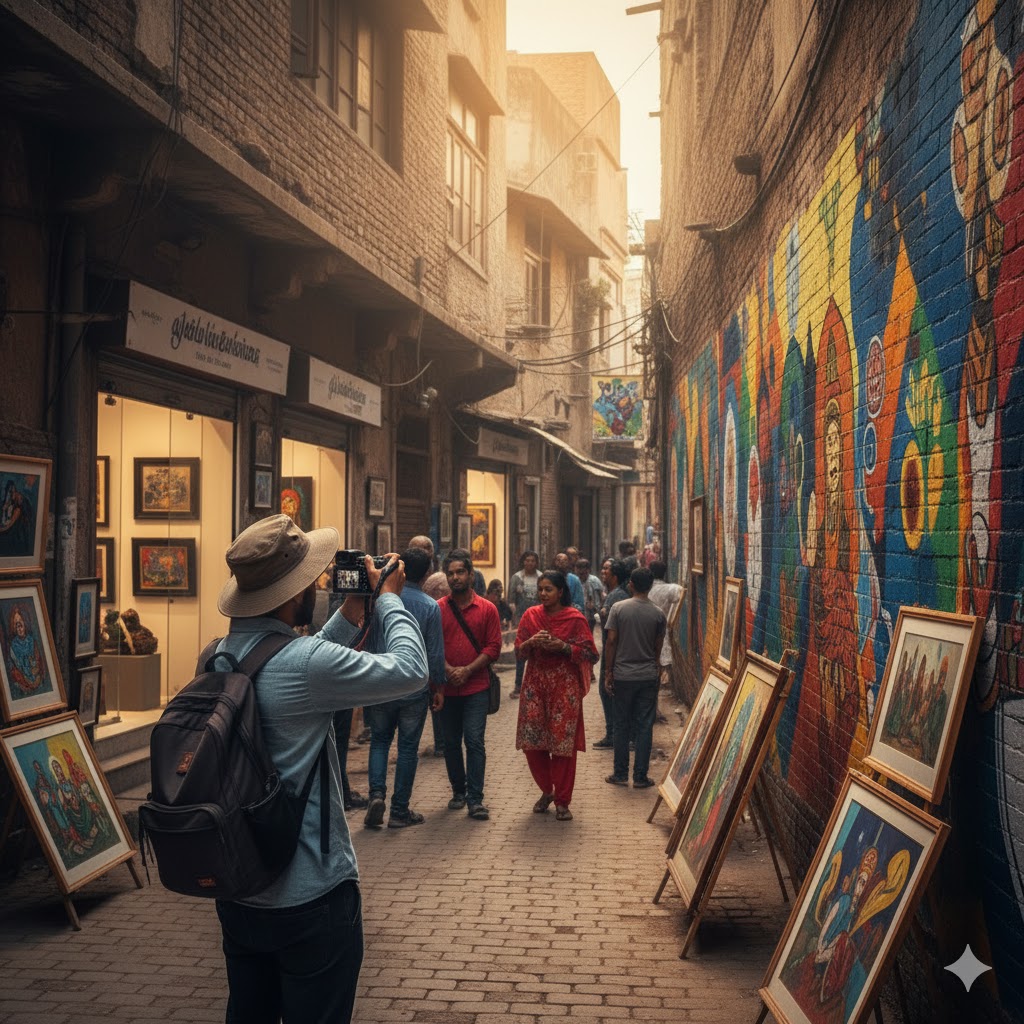 Tourist taking photos of Lahore’s art galleries and murals during cultural city walk.