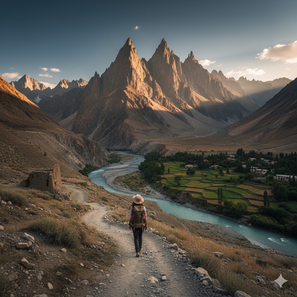 Tourist walking near Passu Cones in Hunza Valley