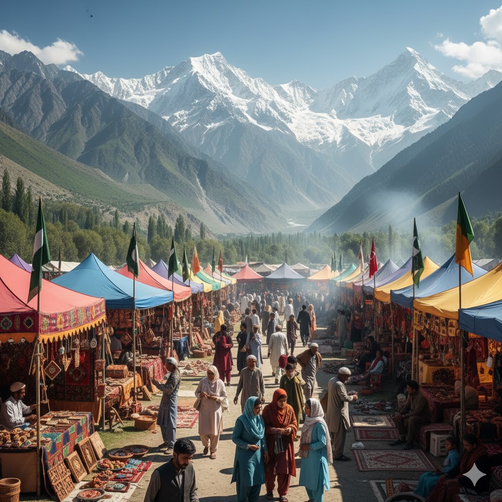 Tourists at Gilgit Summer Festival with colorful tents, local crafts, and mountains in the backdrop