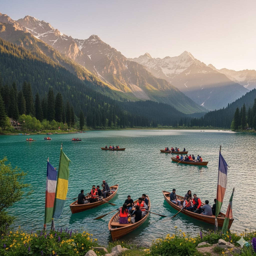 Tourists boating at Mahodand Lake in Swat Valley