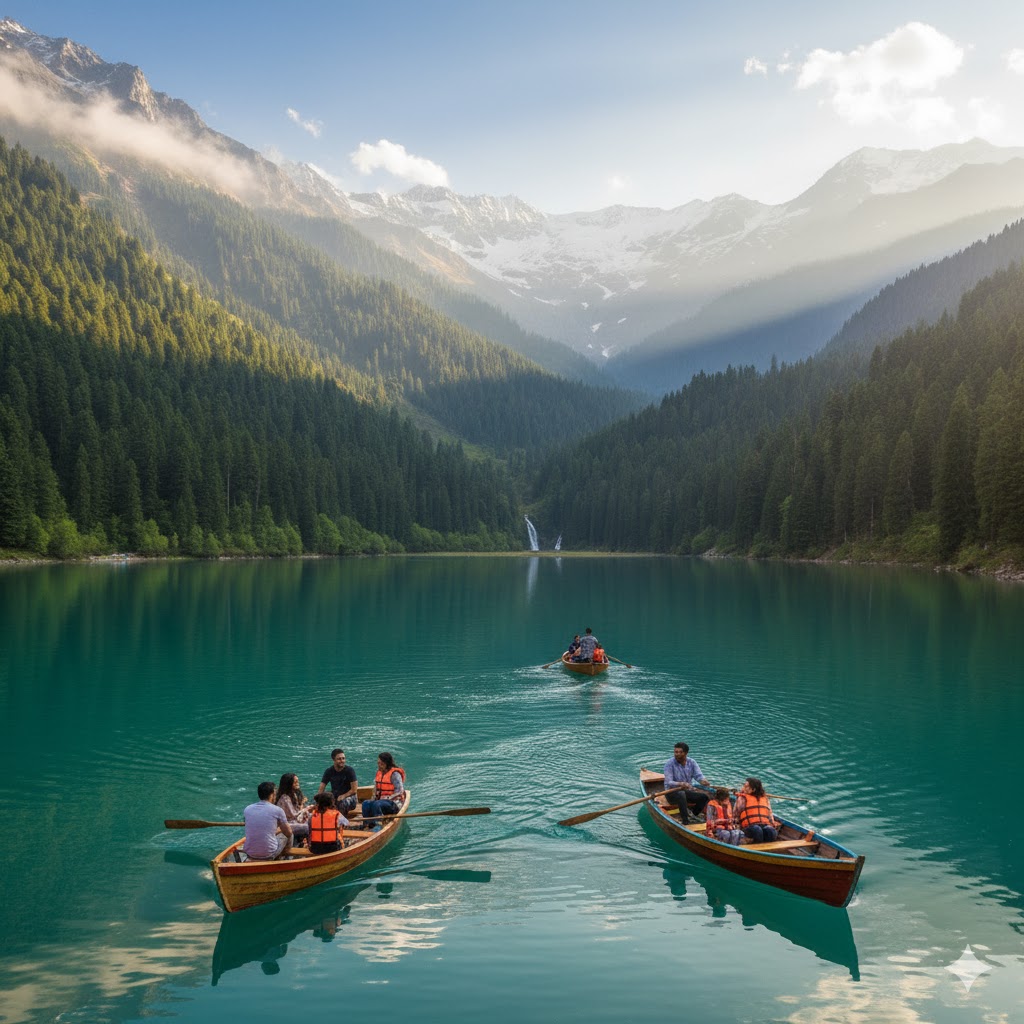 Tourists boating in Mahodand Lake surrounded by pine trees