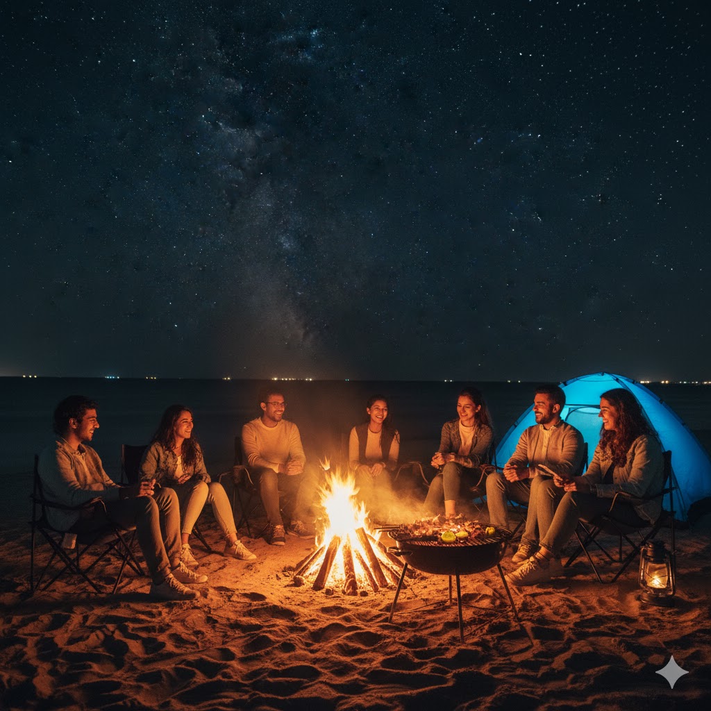 Tourists enjoying a bonfire and BBQ by the sea at Sonmiani Beach, Karachi.