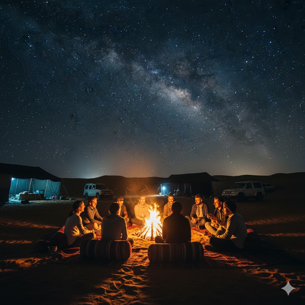 Tourists enjoying a bonfire under a starry night at a desert camp in Cholistan, Southern Punjab