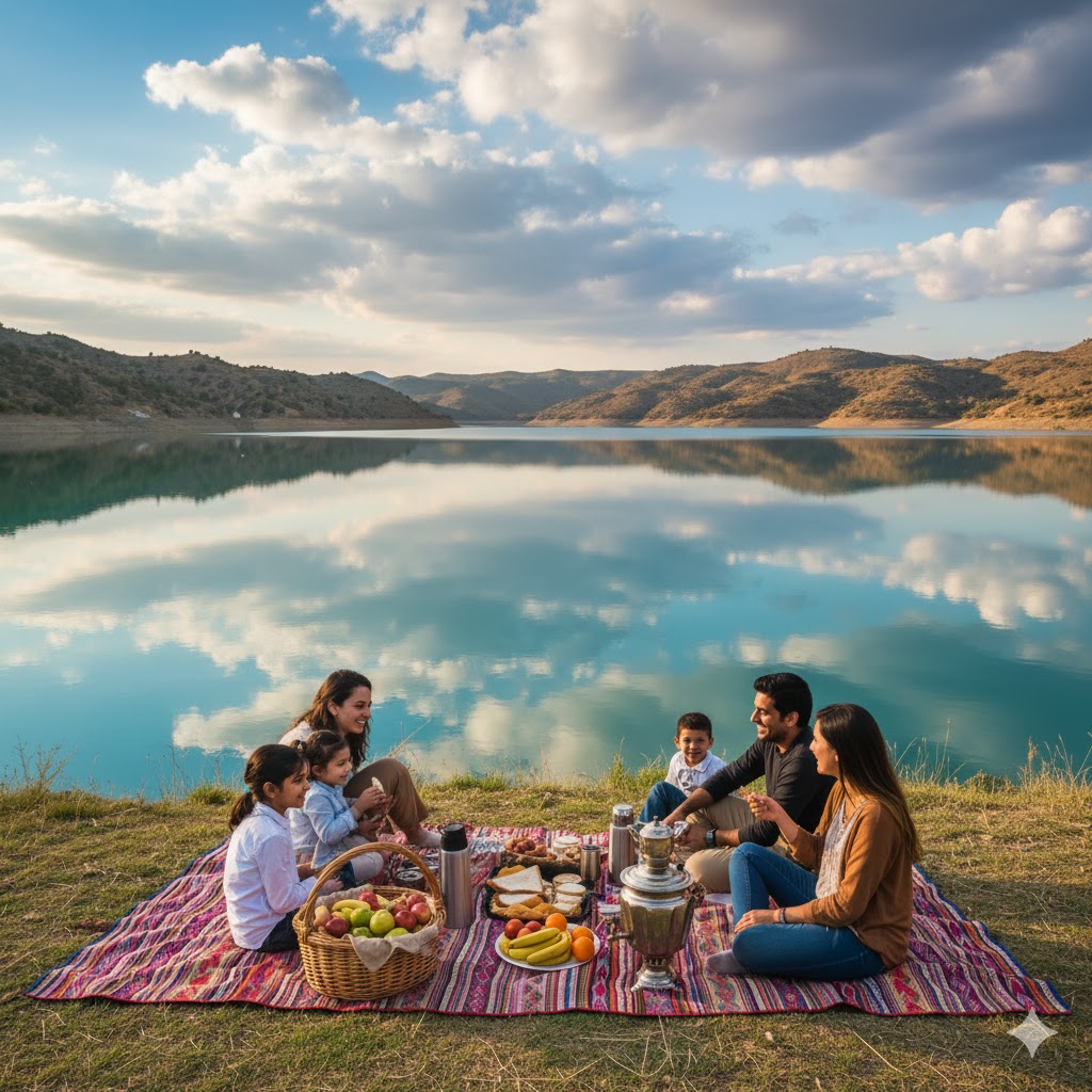 Tourists enjoying a picnic by the calm water at Hub Dam with reflection of clouds. 