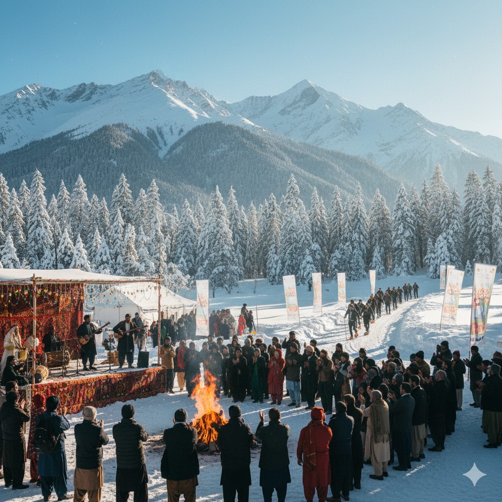 Tourists enjoying folk music and snow trek competitions at Neelum Valley Winter Carnival.