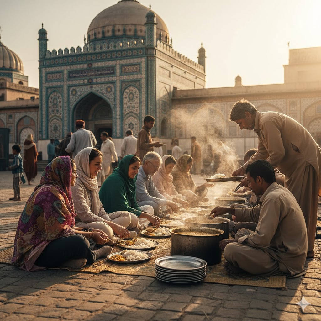 Tourists enjoying langar meal outside a Sufi shrine in Multan’s Haram Gate area Tourists enjoying langar meal outside a Sufi shrine in Multan’s Haram Gate area