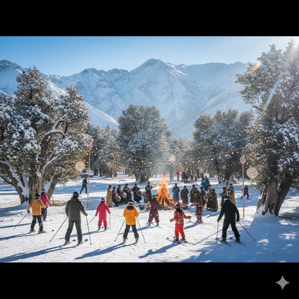 Tourists enjoying skiing and cultural music during Ziarat Winter Festival surrounded by snow-covered juniper trees.