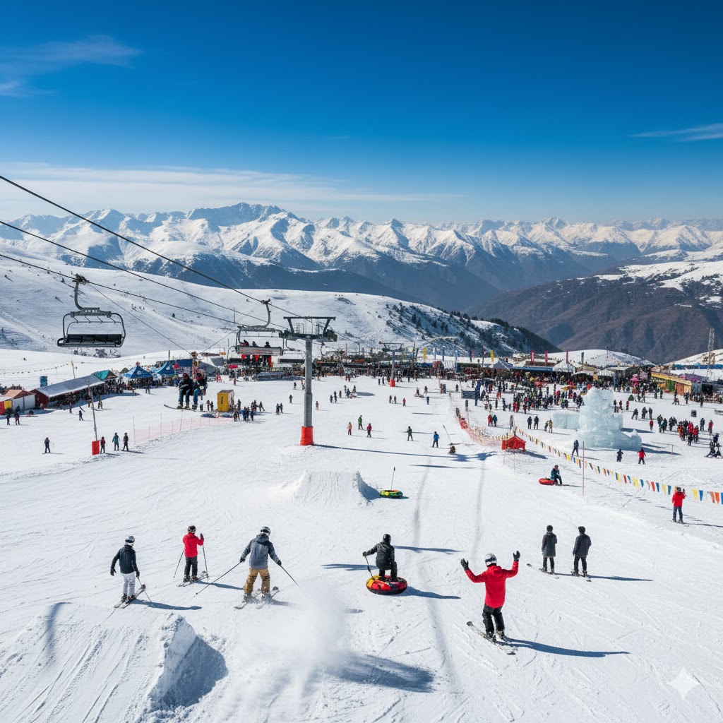 Tourists enjoying snow sports during Malam Jabba Snow Festival