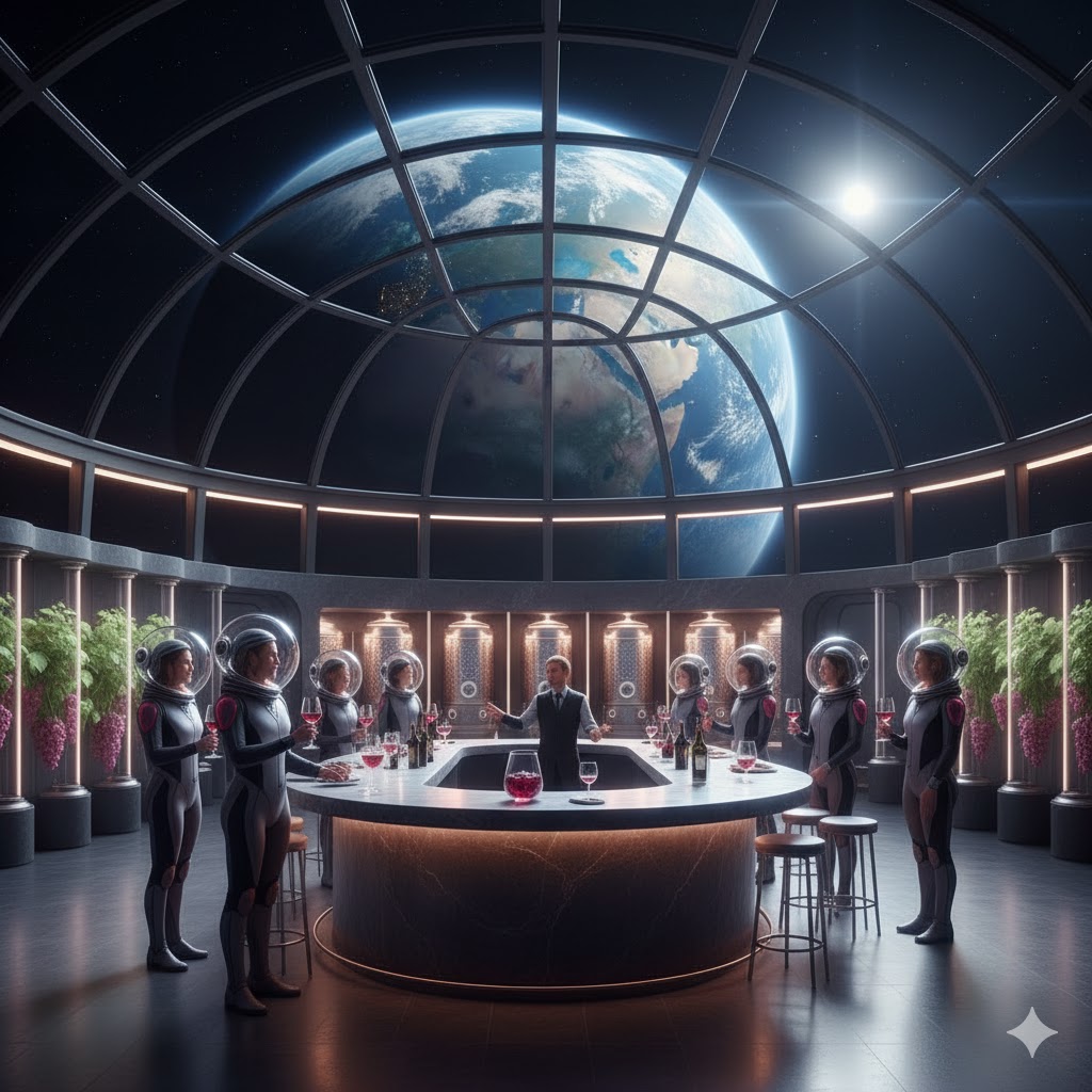 Tourists enjoying wine tasting on the Moon with Earth visible in the sky, representing lunar winery tourism