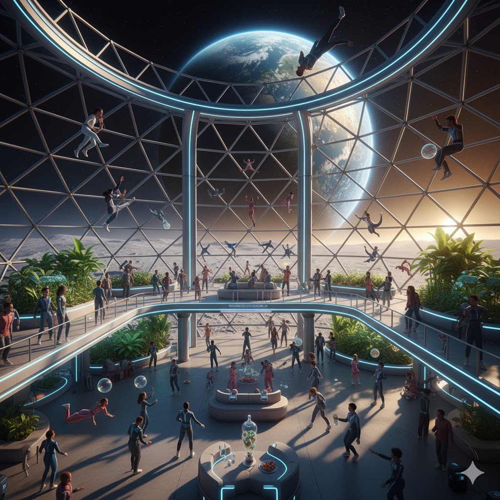 Tourists enjoying zero-gravity activities inside lunar resort dome