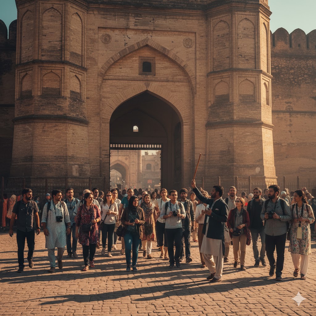 Tourists entering Delhi Gate for Lahore heritage walk with guide