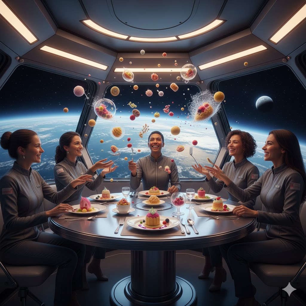 Tourists experiencing floating desserts in microgravity during space food tourism