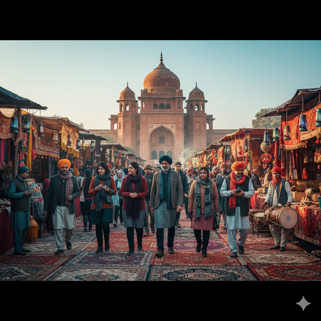 Tourists exploring Bahawalpur city during winter festival under cool golden sunlight. Tourists exploring Bahawalpur city during winter festival under cool golden sunlight.