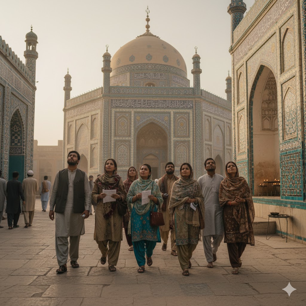 Tourists exploring Multan’s shrines wearing modest traditional clothing and scarves.