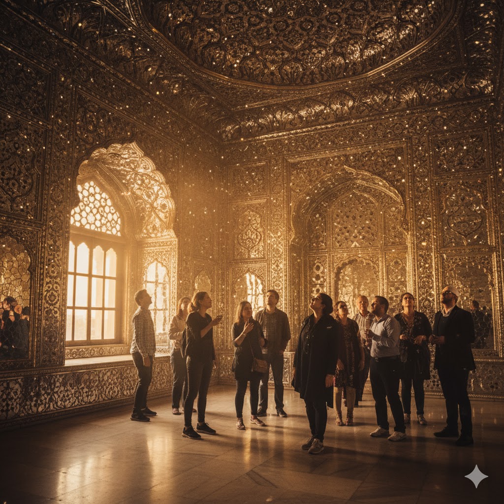 Tourists exploring Sheesh Mahal’s mirrored interiors glowing under golden light