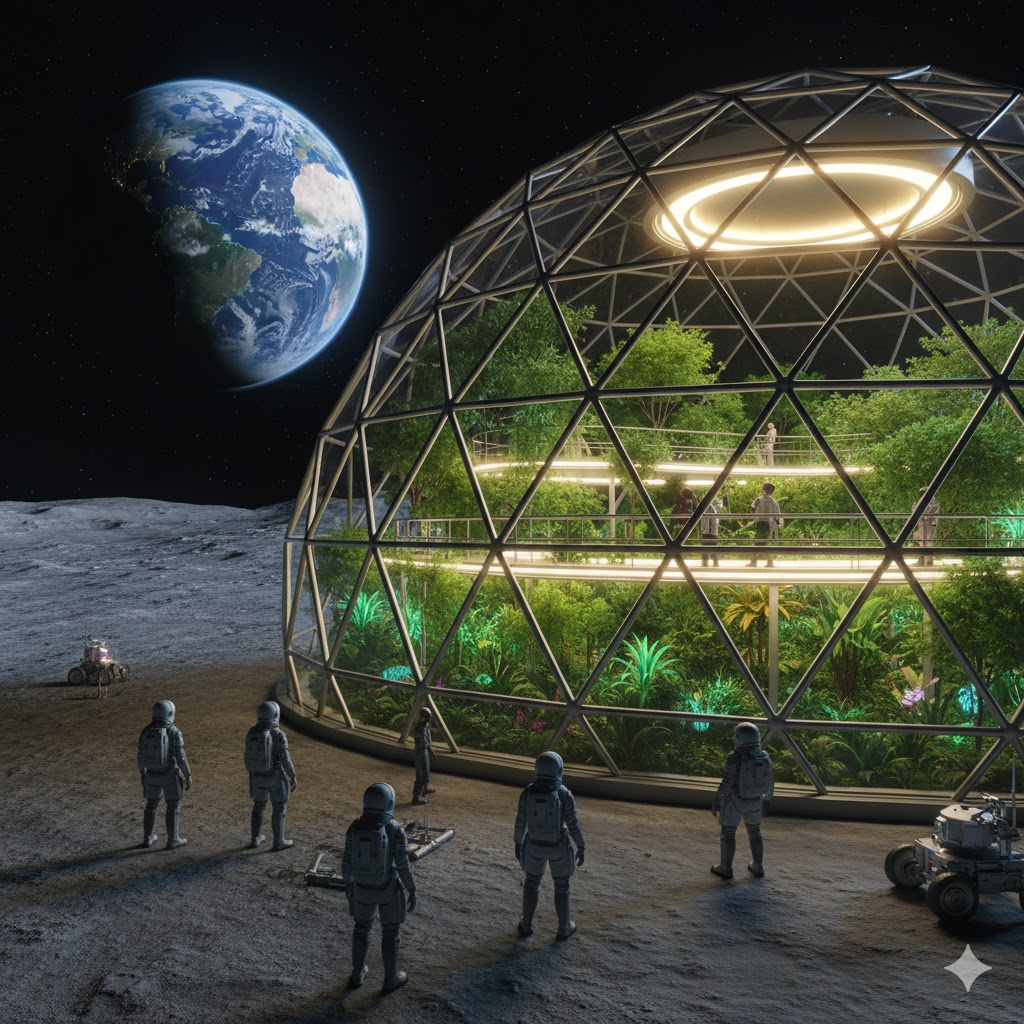 Tourists exploring a glowing lunar biosphere dome filled with plants under the Moon’s silver sky