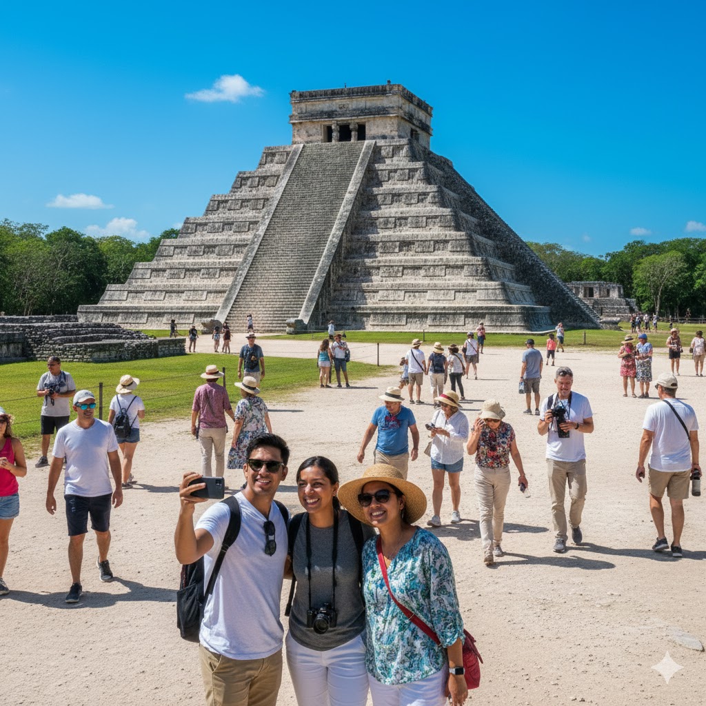 Tourists exploring the ancient Mayan ruins under bright March skies in Mexico