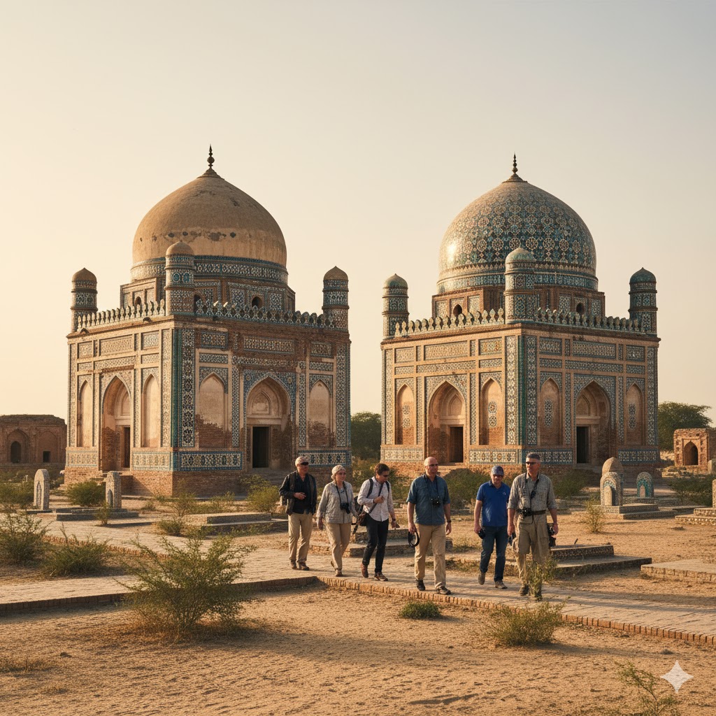 Tourists exploring tombs of Jalaluddin Bukhari and Bibi Jawindi in Uch Sharif complex