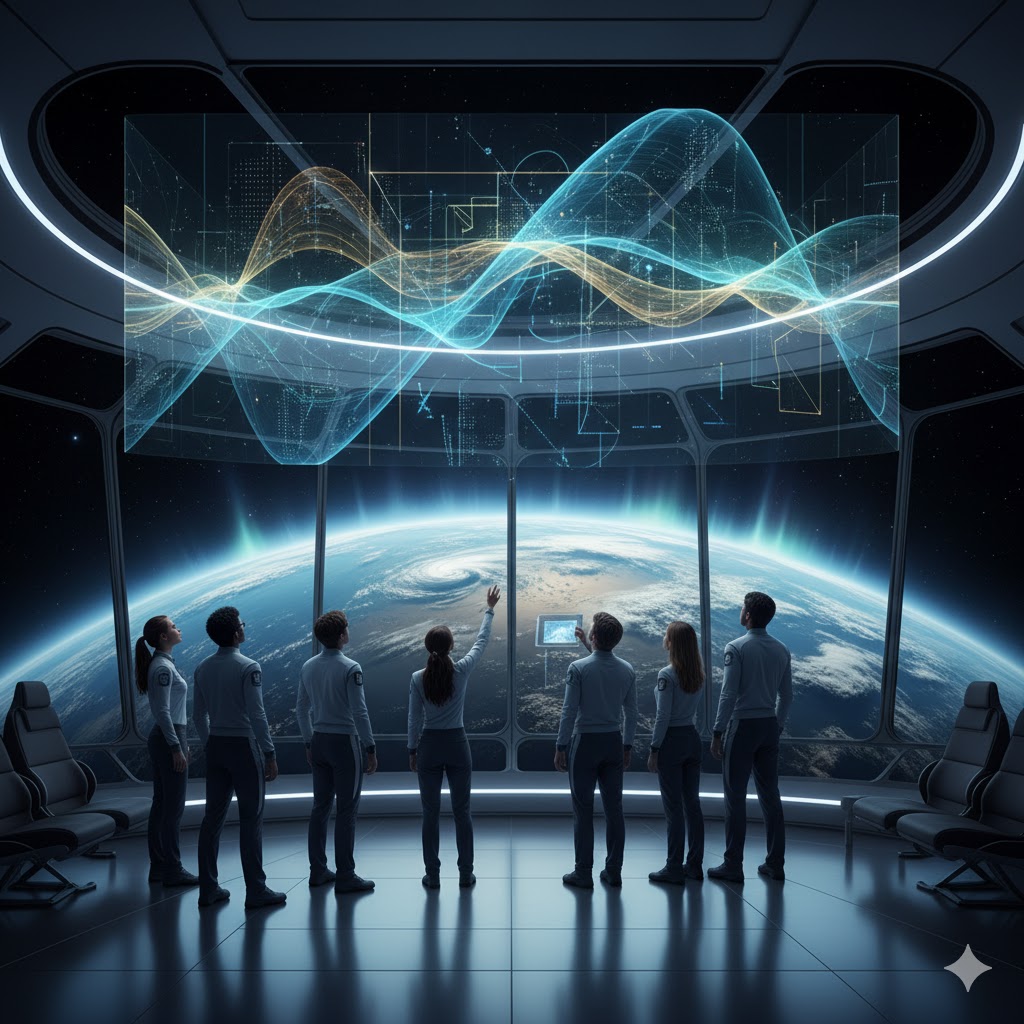 Tourists gazing at holographic art while Earth is visible through panoramic space station windows