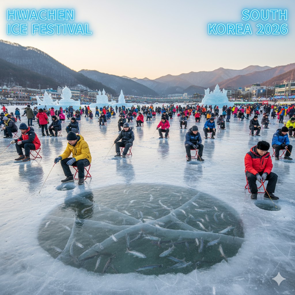Tourists ice fishing at Hwacheon Ice Festival 2026 in South Korea