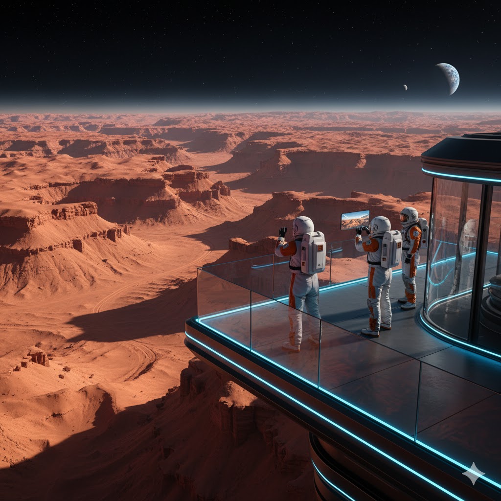 Tourists in Mars suits overlooking canyon from eco lodge deck