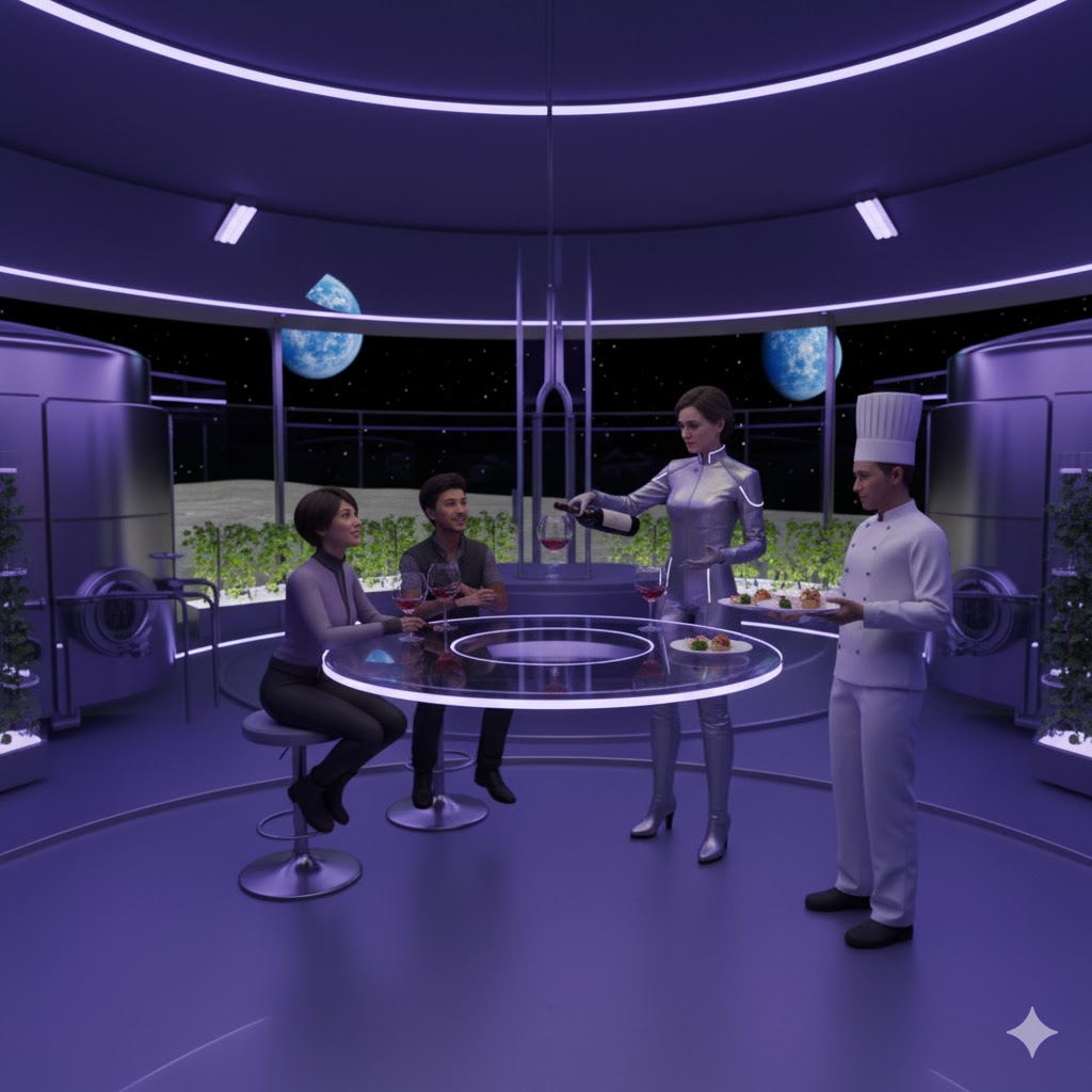 Tourists inside Moon Vineyard Resort participating in guided wine tasting with lunar chefs