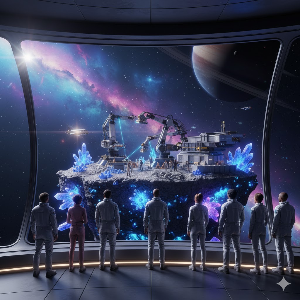 Tourists observing robotic asteroid mining operation from viewing window of orbit station