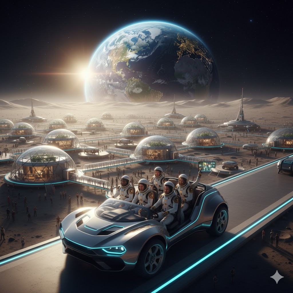 Tourists on lunar rover exploring Moon Village with Earth visible above the horizon