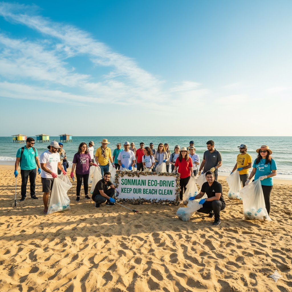 Tourists participating in an eco-cleanup drive at Sonmiani Beach.