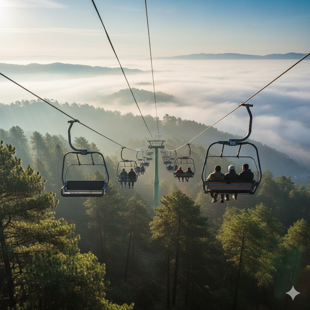 Tourists riding Patriata Chairlift in Ghora Gali surrounded by misty pine forests near Islamabad
