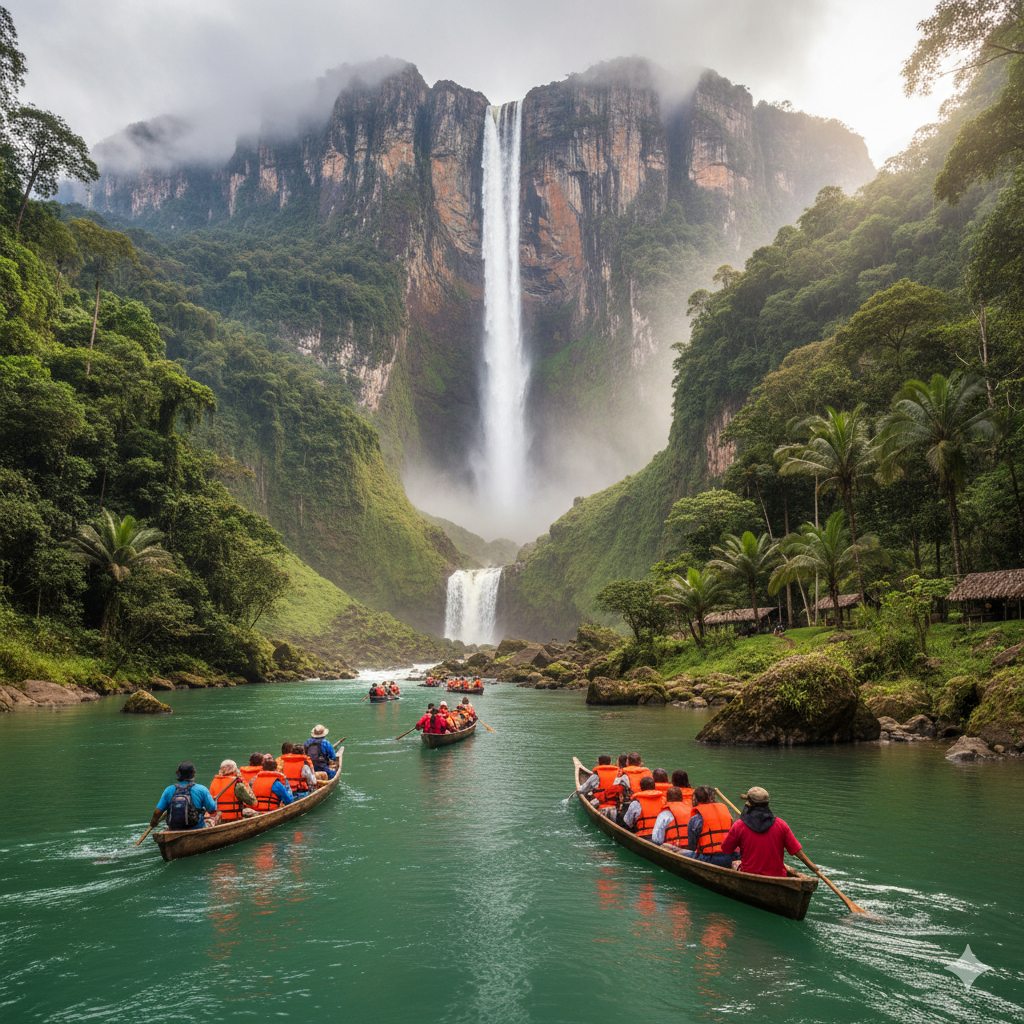 Tourists traveling by canoe to Angel Falls base camp