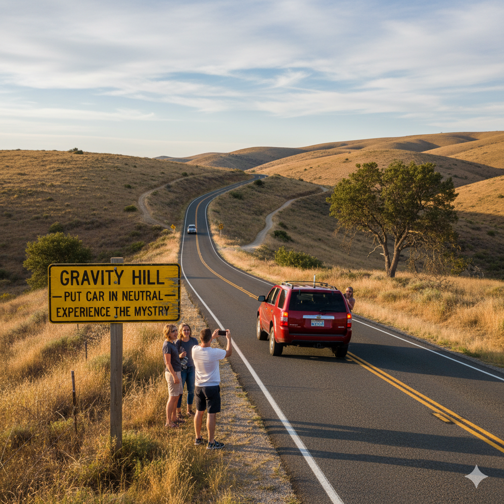 Tourists typically stop at the yellow signboard marking the spot in Magnetic Hill