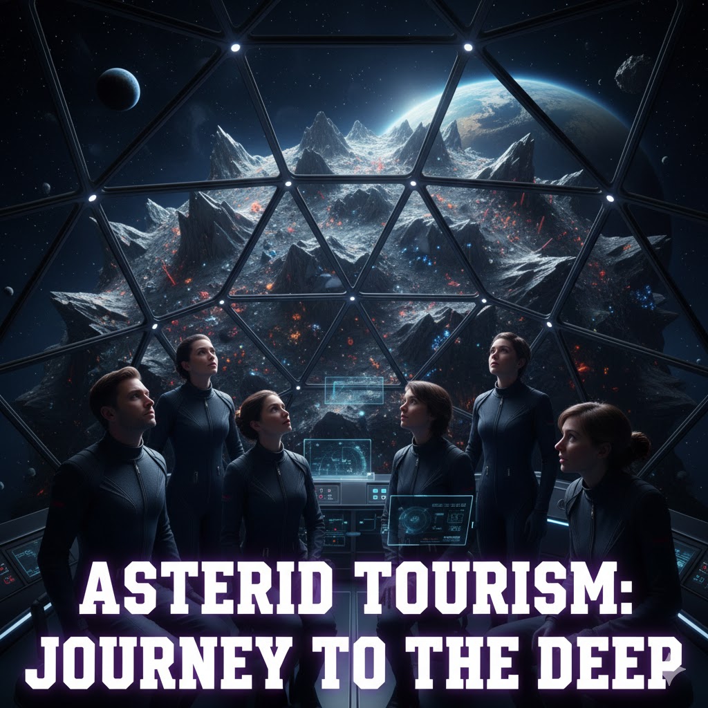 Tourists viewing asteroid surface from transparent orbit capsule during asteroid tourism trip