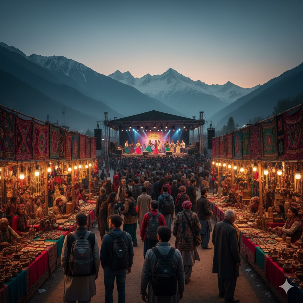 Tourists visiting crafts bazaar and stage performances at Swat Cultural Festival, Mingora.