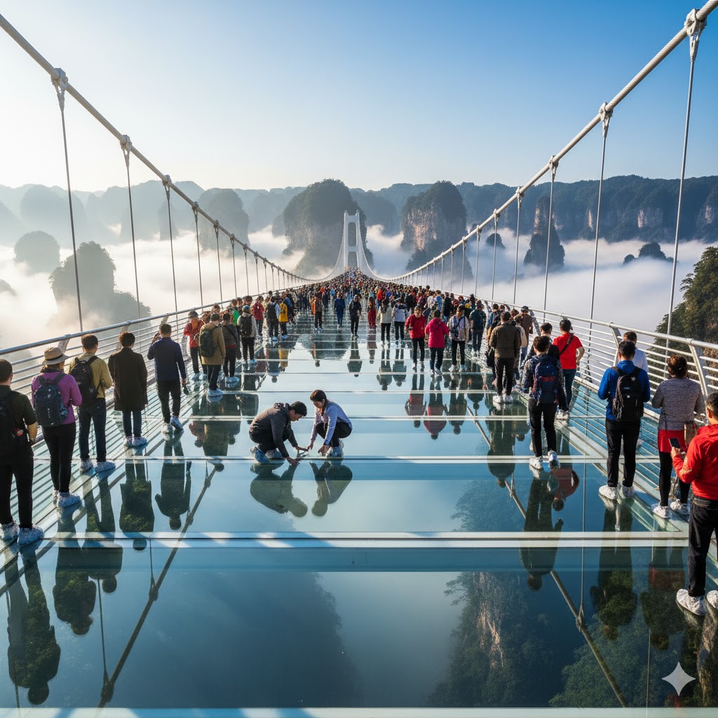 Tourists walking across Zhangjiajie’s transparent glass bridge over misty canyon peaks. Tourists walking across Zhangjiajie’s transparent glass bridge over misty canyon peaks.