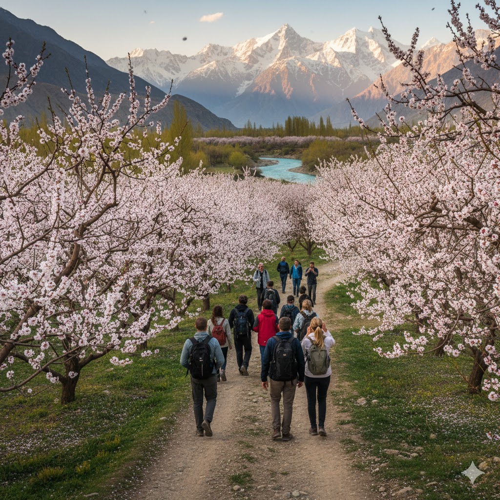 Tourists walking among apricot blossoms in Hunza Valley