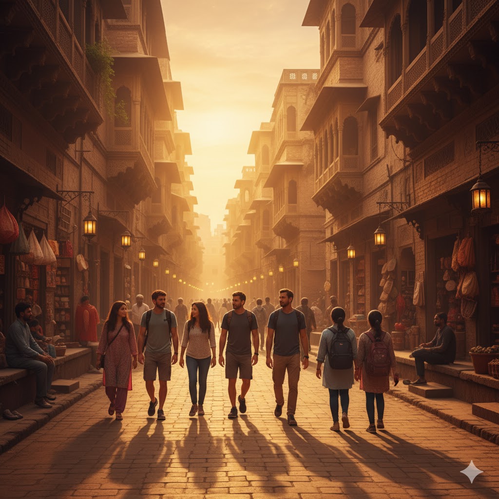 Tourists walking at sunset in Walled City streets