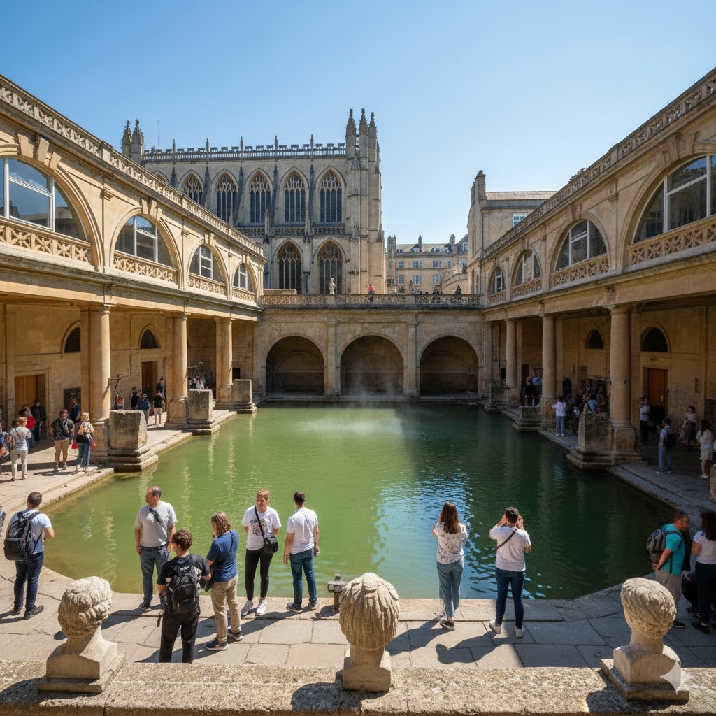 Tourists walking near the Roman Baths with Bath Abbey visible in the background