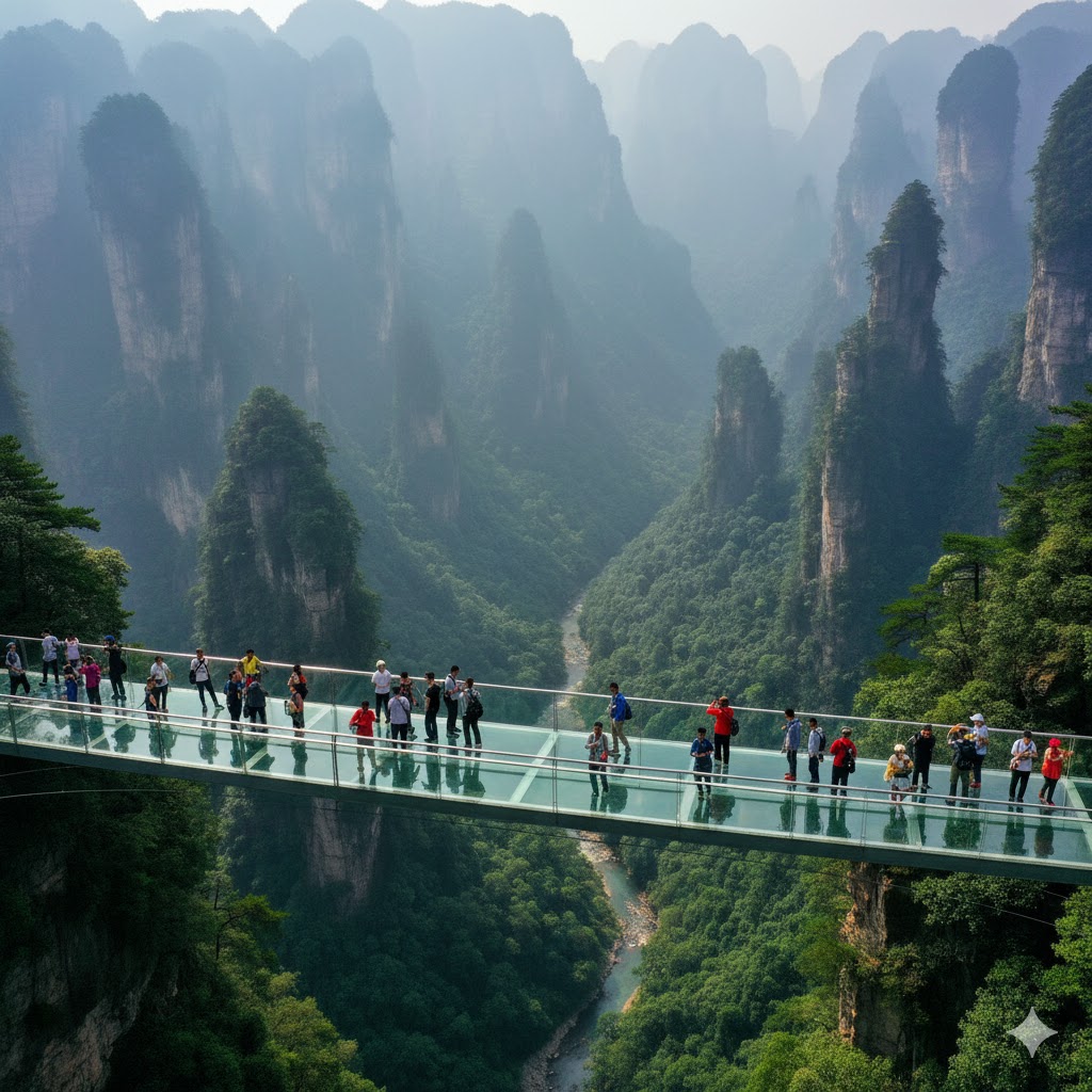 Tourists walking on transparent Zhangjiajie Glass Bridge above green canyon. Tourists walking on transparent Zhangjiajie Glass Bridge above green canyon.