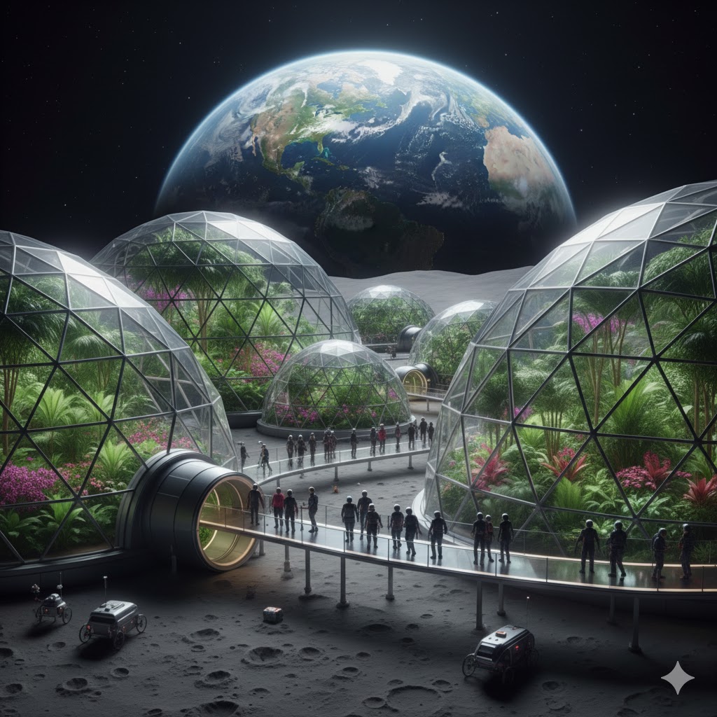 Tourists walking through multiple plant domes in lunar garden complex with Earth visible above