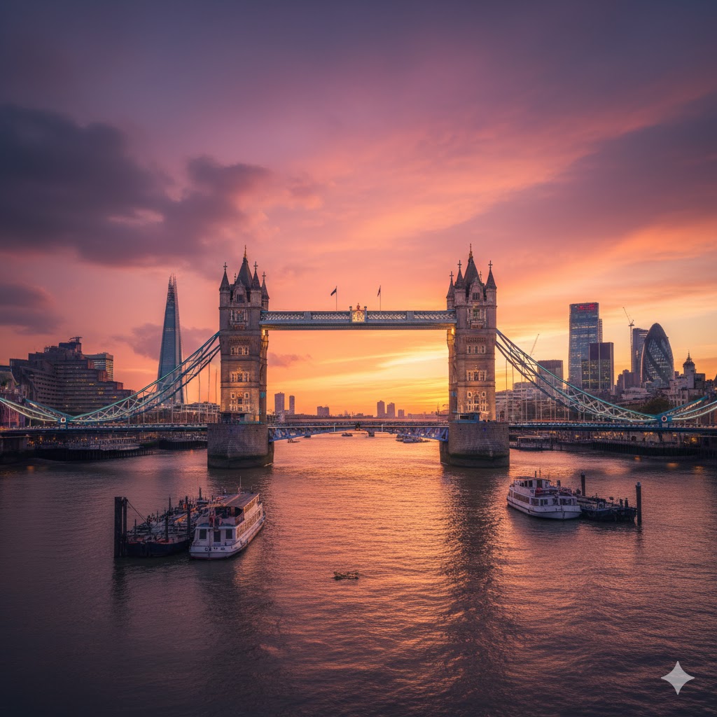 Tower Bridge and River Thames under sunset sky, London, United Kingdom