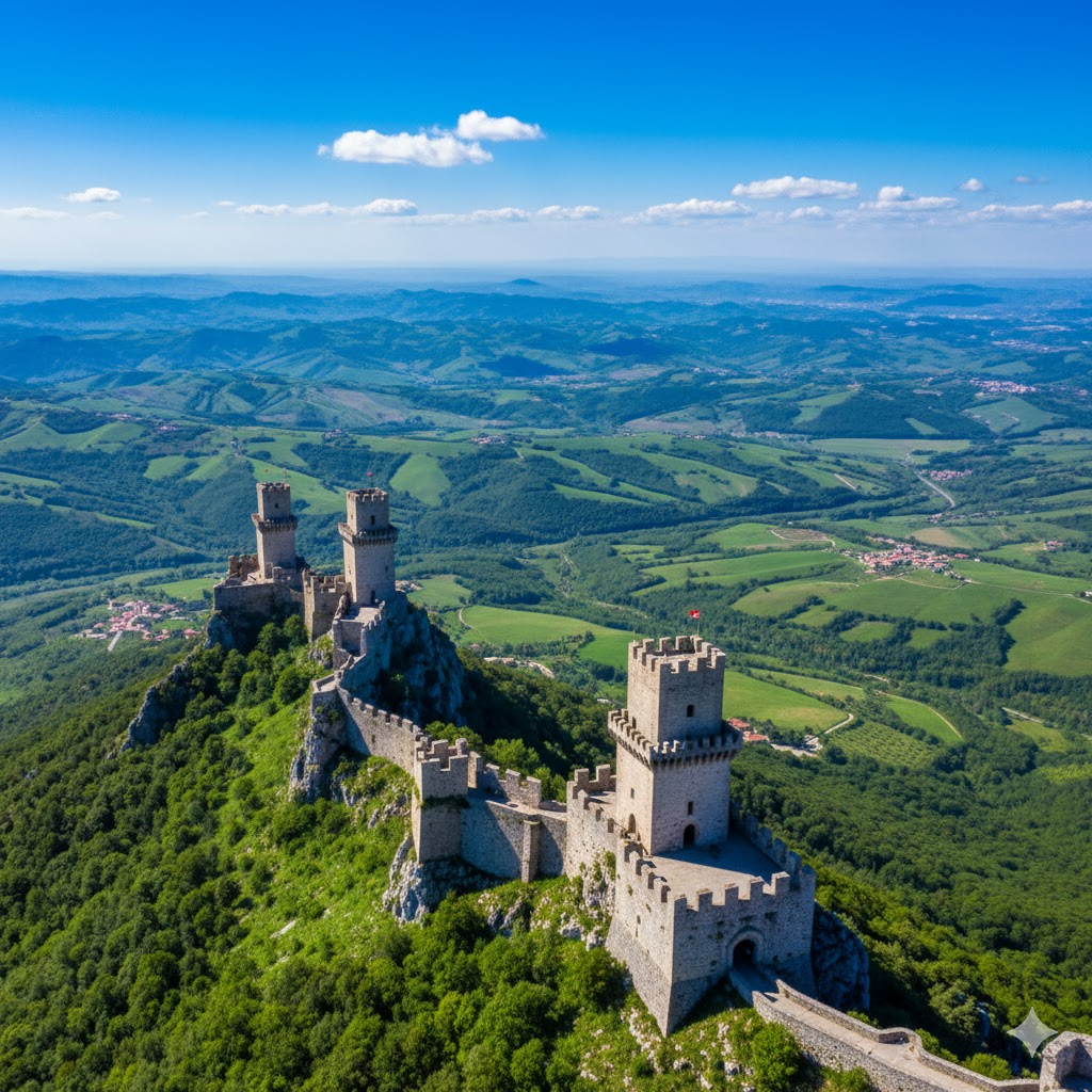 Towers of San Marino castle overlooking rolling green hills under bright sky
