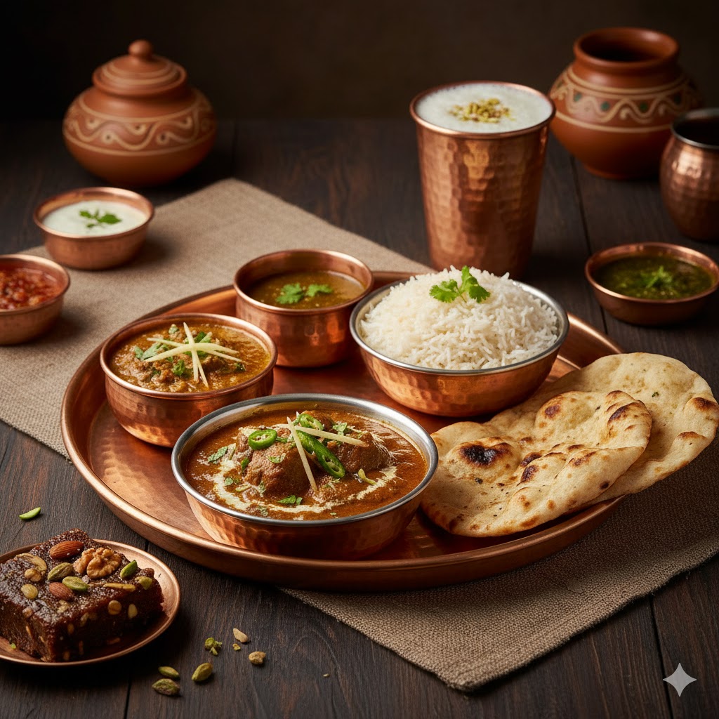 Traditional Bahawalpur thali with mutton korma, naan, lassi, and sohan halwa served on copper plates. Traditional Bahawalpur thali with mutton korma, naan, lassi, and sohan halwa served on copper plates.