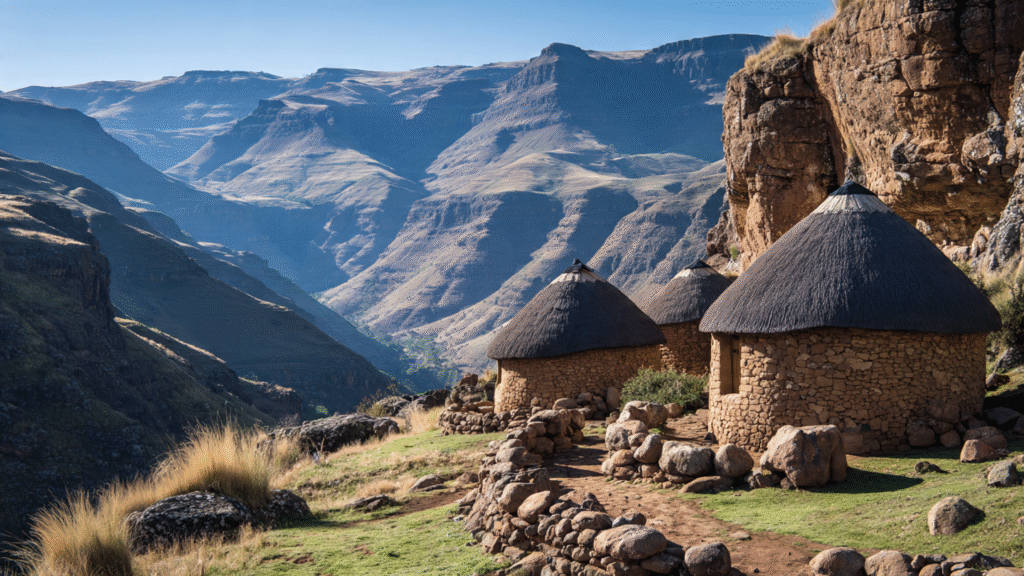 Traditional Basotho huts surrounded by highlands in Lesotho