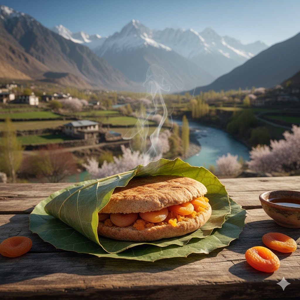 Traditional Gappa Shoro sandwich wrapped in leaf, served in upper Hunza valley.