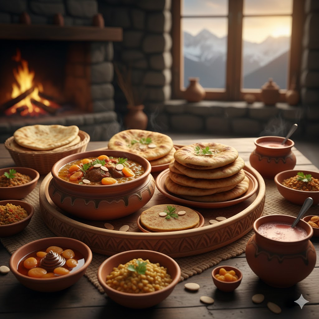 Traditional Gilgit Baltistan food platter with apricot stew, chapshuro, and butter tea served in local pottery